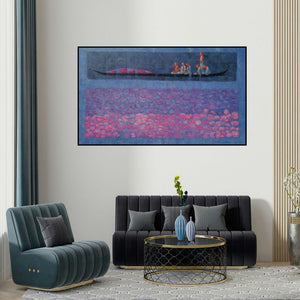 Kamar Alam's 'Believing 2' painting visualized above a sofa in a contemporary room.