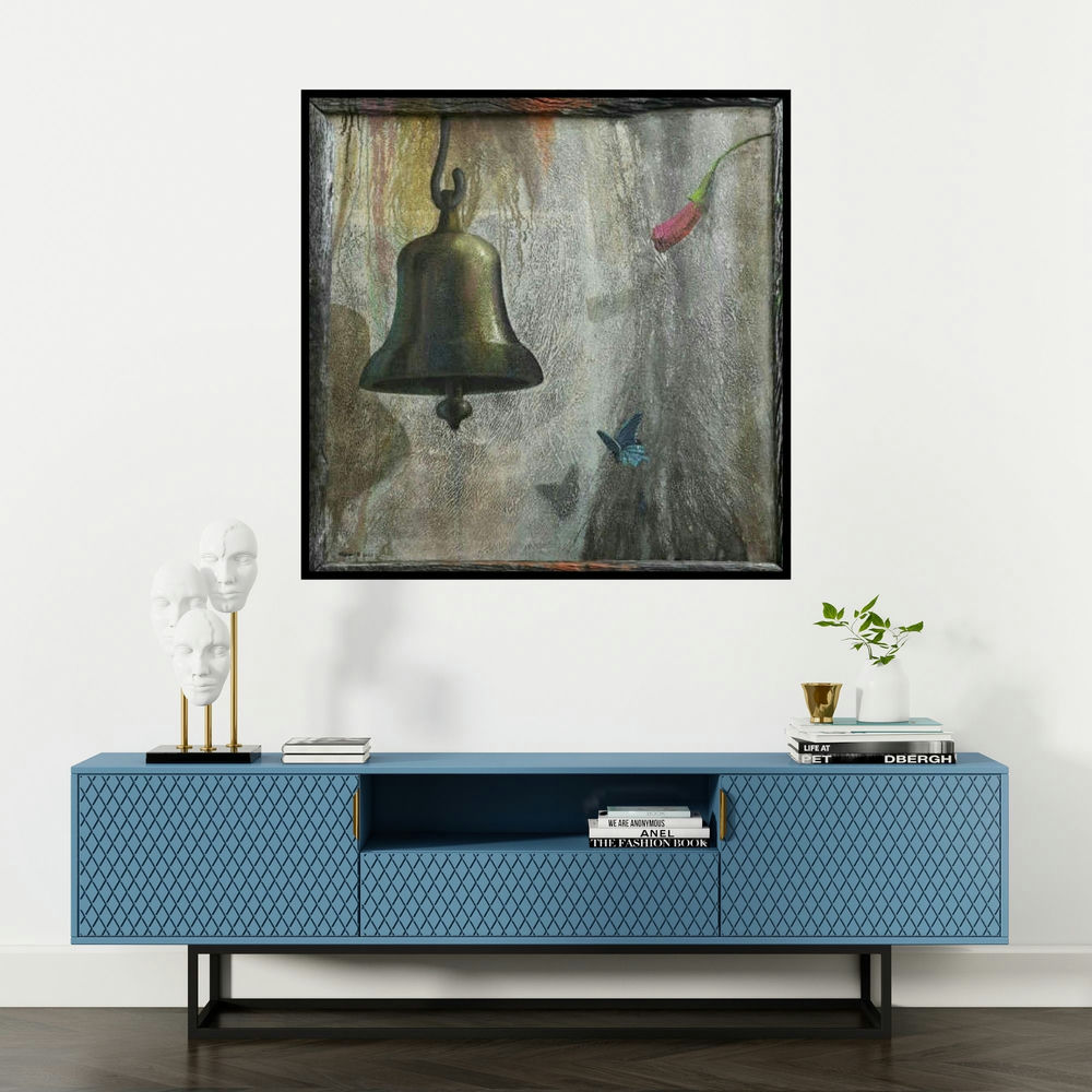 'Bell 2' painting by Gopal Pardeshi shown on a wall in a furnished room.