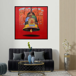 Ramchandra Kharatmal's 'Bell' painting visualized above a sofa in a contemporary room.
