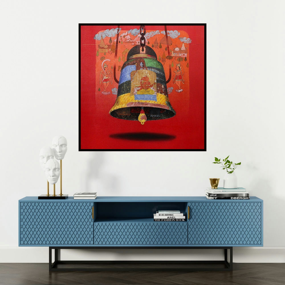 'Bell' painting by Ramchandra Kharatmal shown on a wall in a furnished room.