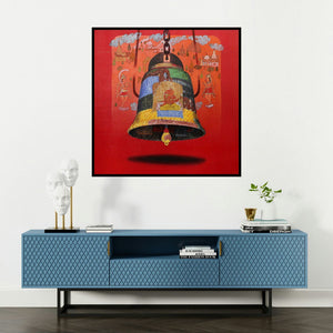 'Bell' painting by Ramchandra Kharatmal shown on a wall in a furnished room.