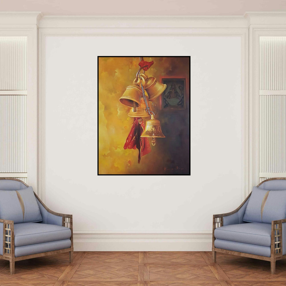 'Bells And Ganesha 2' painting by Kamal Rao shown on a wall in a furnished room.