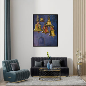 Preview of 'Bells And Ganesha Ii (Temple Bells)' Painting by Kamal Rao shown on a wall in a furnished room.