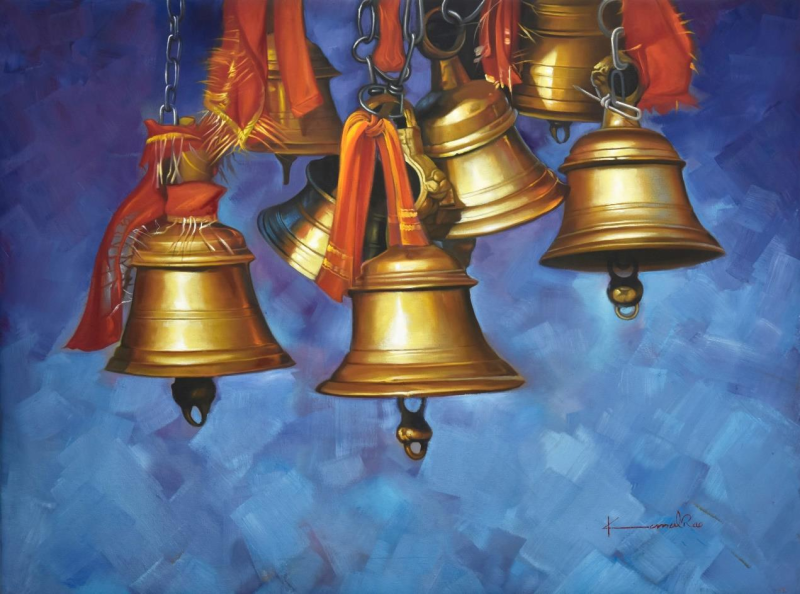 Bells' religious oil painting by artist Kamal Rao, 36x48 inch, on canvas