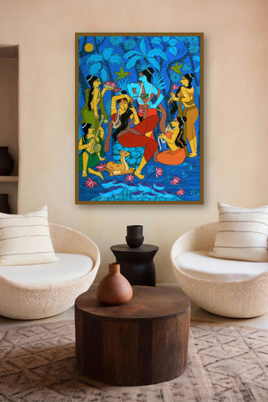Beloved (Radha and Krishna with Gopis) by artist Chetan Katigar displayed in a Contemporary gallery