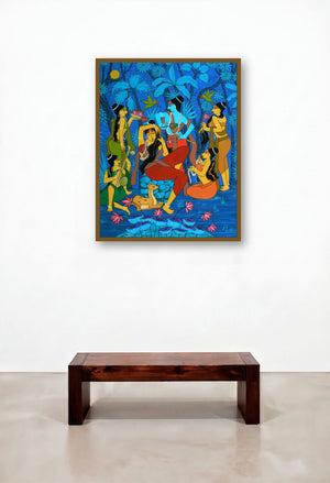 Beloved (Radha and Krishna with Gopis) by artist Chetan Katigar displayed in a Contemporary Reception Area