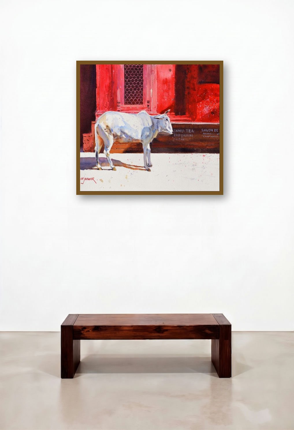 Benares Cow (A Moment of Peace) by artist Ramesh Jhawar displayed in a Designer Foyer