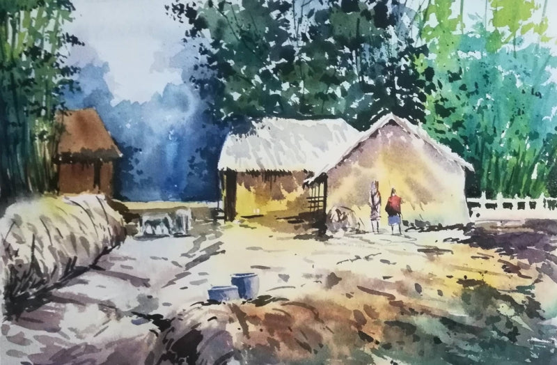 Bengal Village' fantasy watercolor painting by artist Sujit Chakraborty, 12x17 inch, on paper
