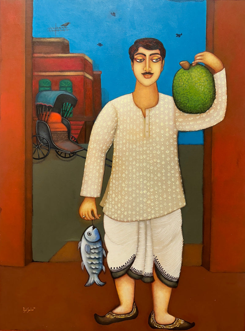 'Bengali Babu' figurative acrylic painting by artist Piyali Sarkar, 40x30 inch, on canvas