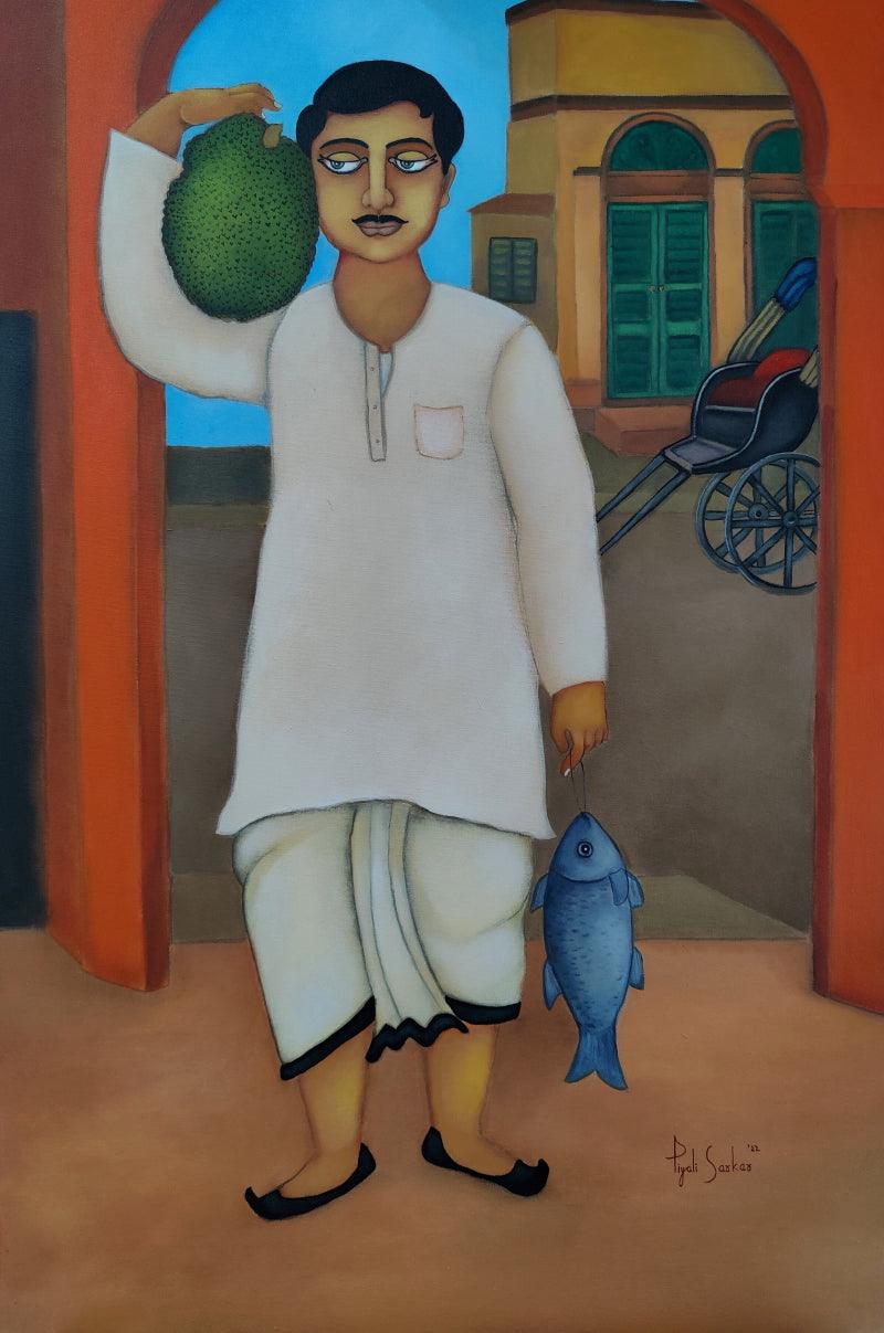 "Bengali Babu" Orange Acrylic Painting by Piyali Sarkar