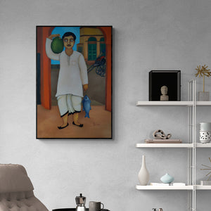 Piyali Sarkar's painting 'Bengali Babu (A Day's Catch)' displayed in a modern living room setting