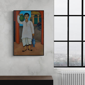 Piyali Sarkar's 'Bengali Babu (A Day's Catch)' Painting visualized above a sofa in a contemporary room