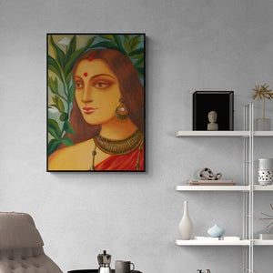Suparna Dey's 'Bengali Bride Iv' Painting visualized above a sofa in a contemporary room