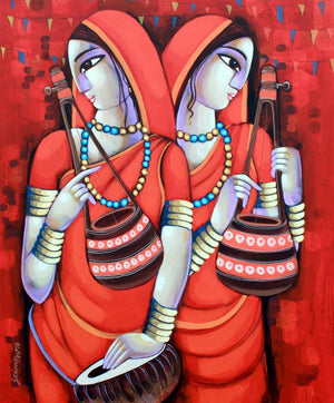 Figurative acrylic painting titled 'Bengali Tune 11', 36x30 inches, by artist Sekhar Roy on Canvas
