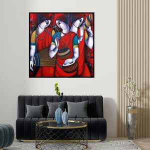 Sekhar Roy's 'Bengali Tune 12' painting visualized above a sofa in a contemporary room.