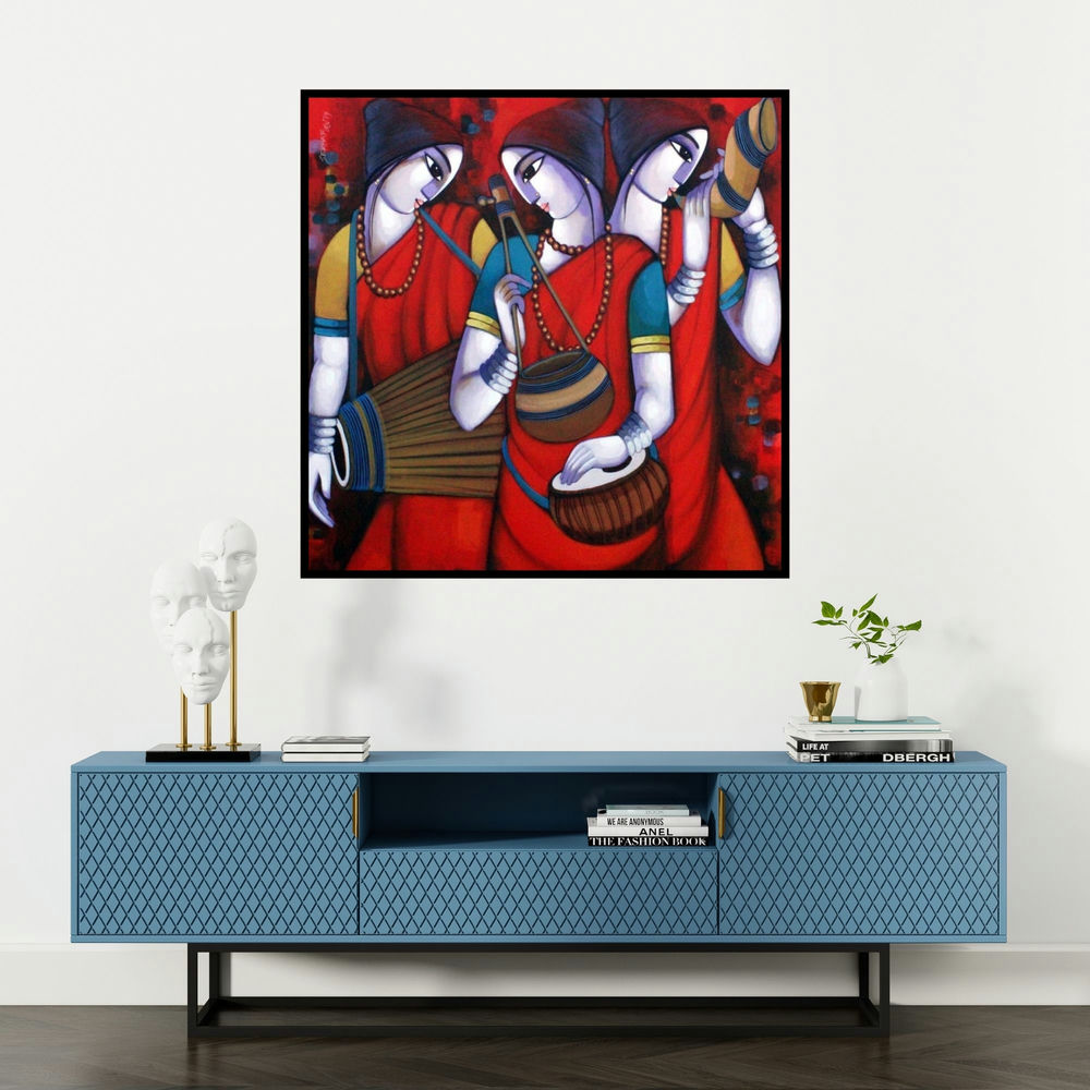 'Bengali Tune 12' painting by Sekhar Roy shown on a wall in a furnished room.