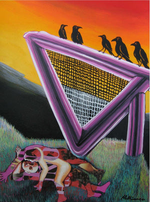 Beside The Black River (The Ravens Perch) by Mithun Dasgupta, Original Mixed Media Fantasy Painting on Acid Free Paper, X-Small Vertical Wall Art