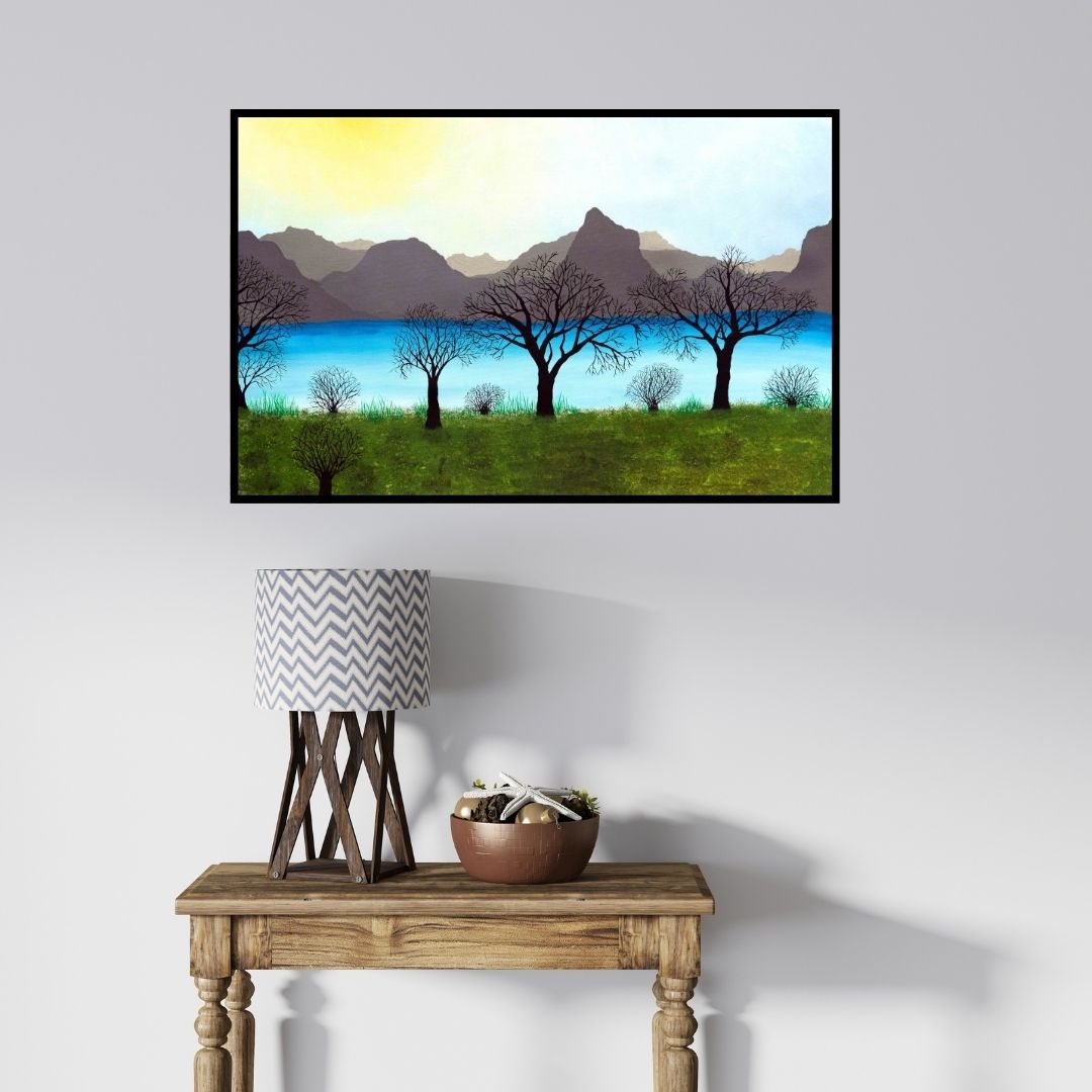 In-situ view of Sumit Mehndiratta's 'Besides The Calm Waters (Serene Vista)' painting in a room