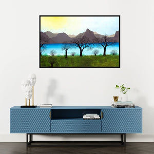 Preview of 'Besides The Calm Waters (Serene Vista)' Painting by Sumit Mehndiratta shown on a wall in a furnished room.