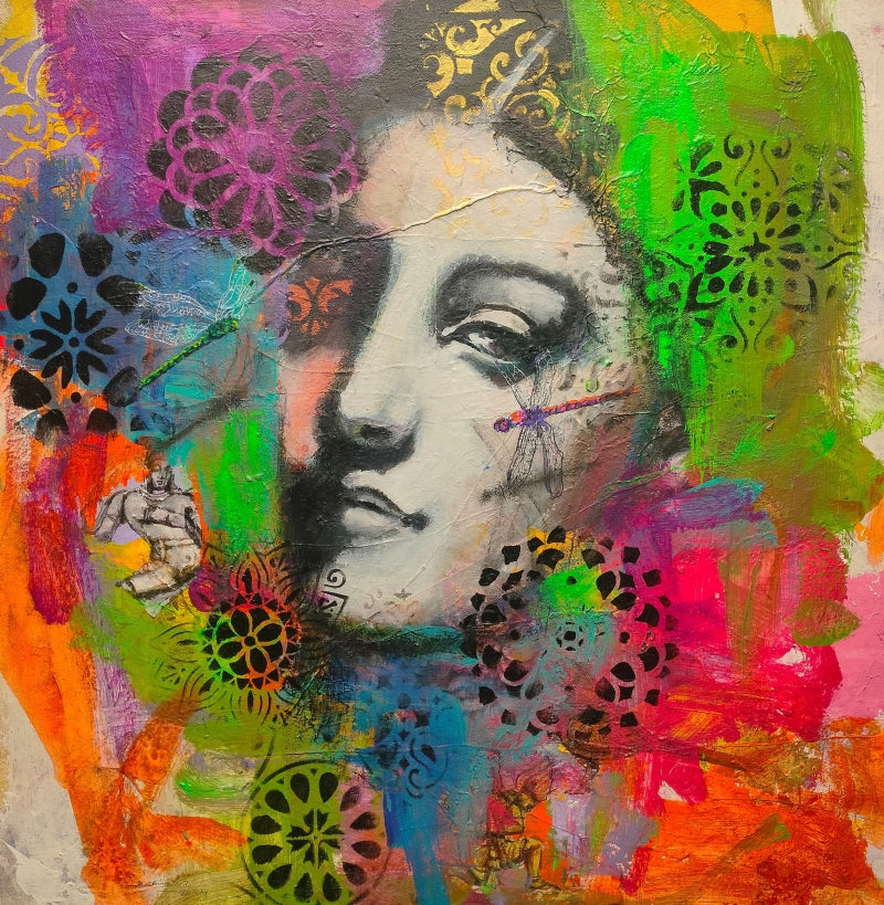 'Between Shadow And Sky 1' figurative mixed-media painting by artist Srinivasa Ram Makineedi, 22x22 inch, on canvas