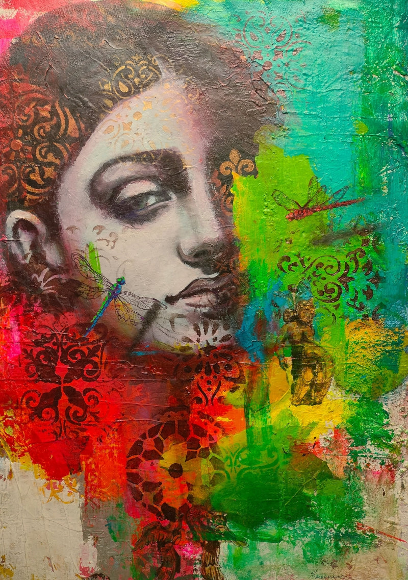 'Between Shadow And Sky 2' figurative mixed-media painting by artist Srinivasa Ram Makineedi, 24x18 inch, on canvas