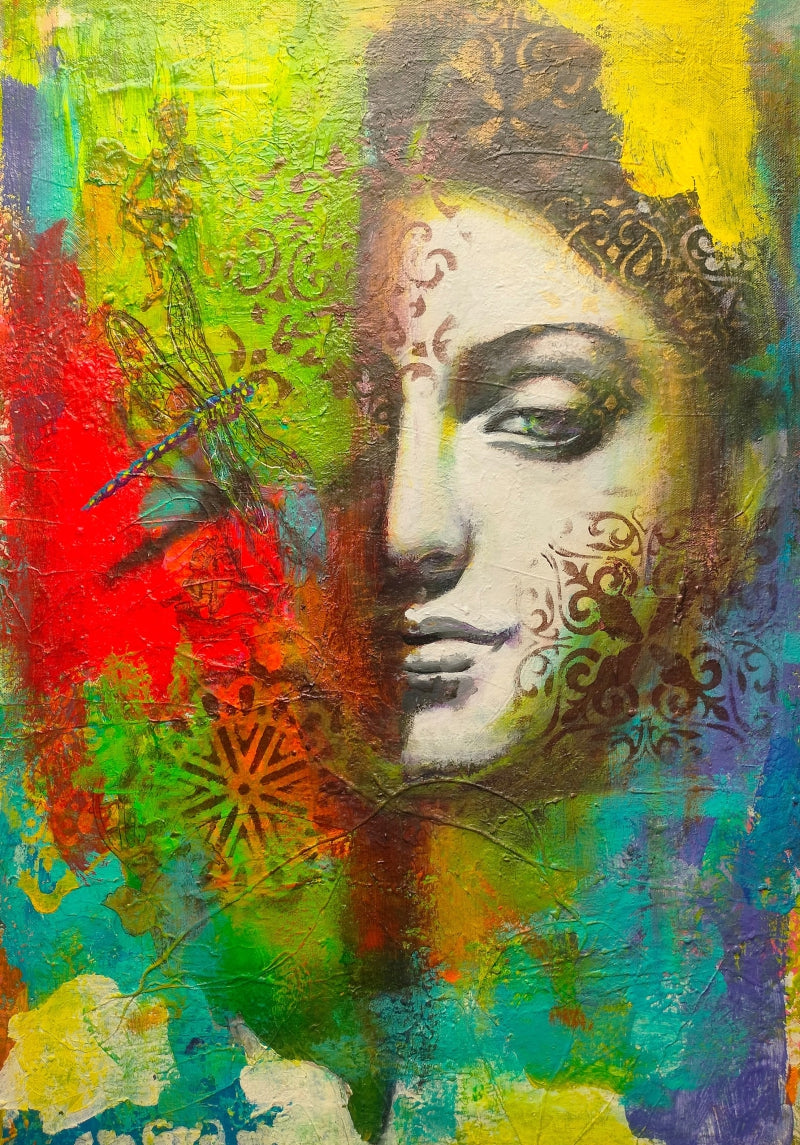 'Between Shadow And Sky 4' figurative mixed-media painting by artist Srinivasa Ram Makineedi, 22x16 inch, on canvas