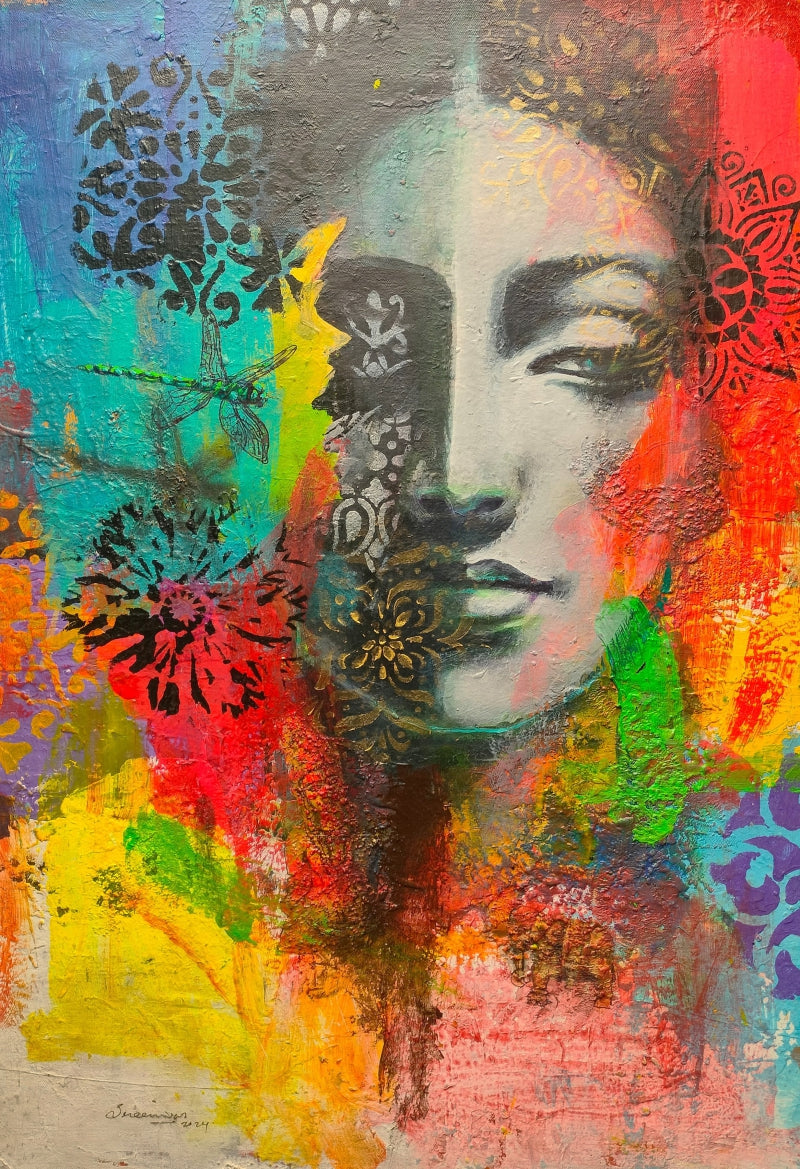 'Between Shadow And Sky 5' figurative mixed-media painting by artist Srinivasa Ram Makineedi, 22x16 inch, on canvas