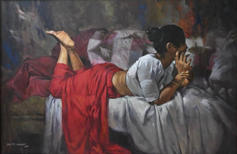 Between Silence And Thought' figurative oil painting by artist Prasad Thite, 24x36 inch, on canvas