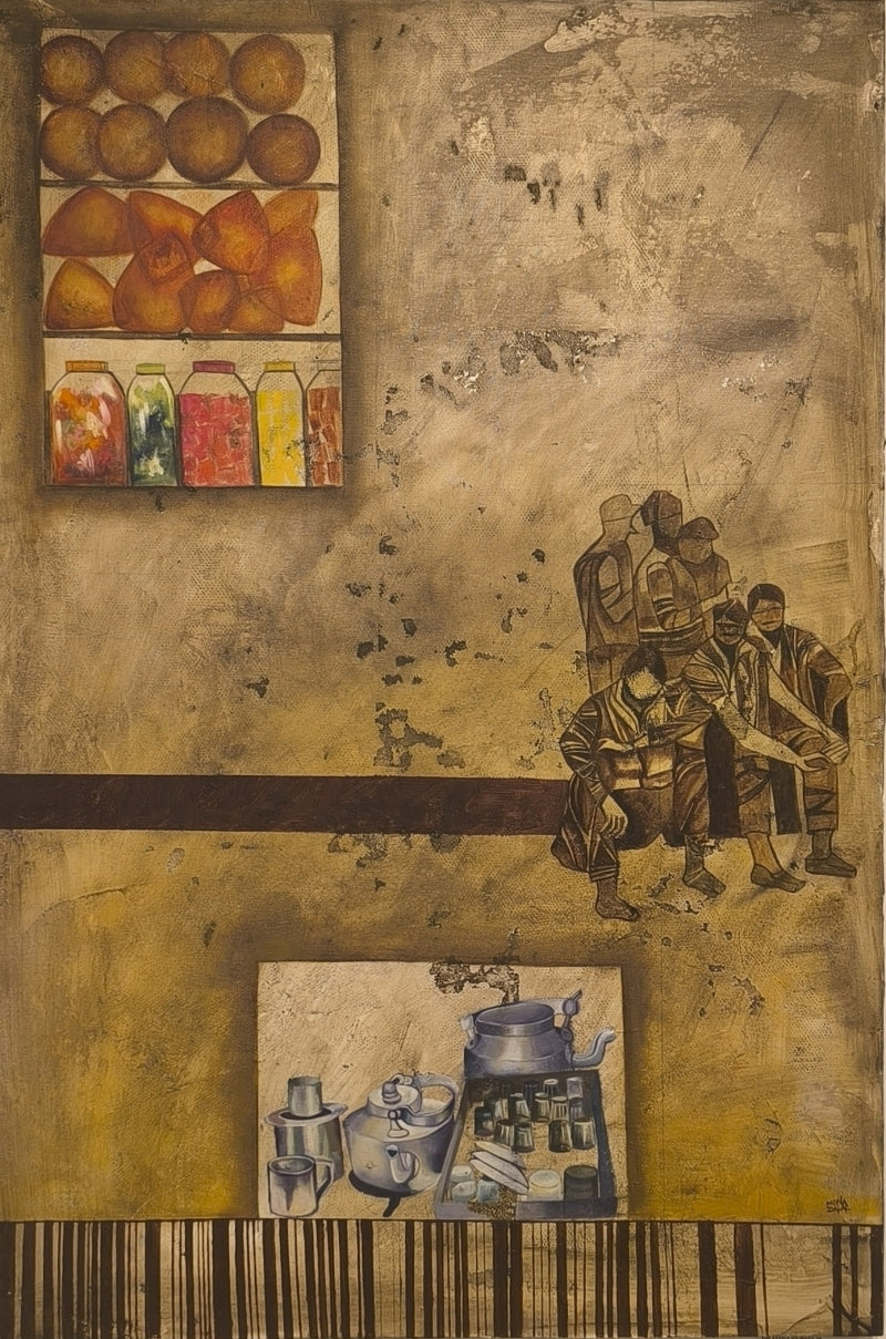 'Between Sips' contemporary oil painting by artist Mona Dalal, 36x24 inch, on canvas