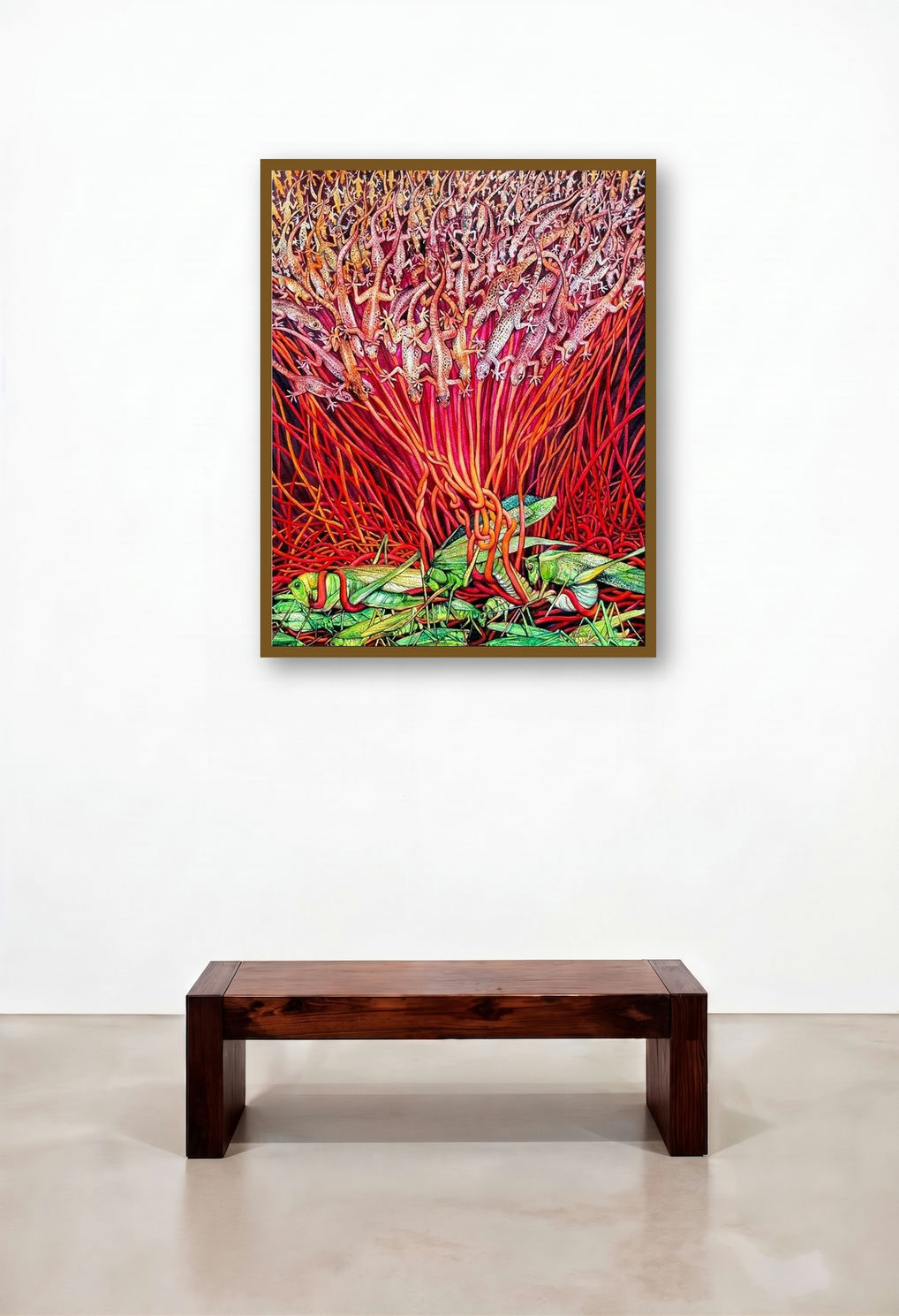Beyond The Thoughts 5 (The Great Feast) by artist Anoop Mv displayed in a Mid-Century Modern Bedroom