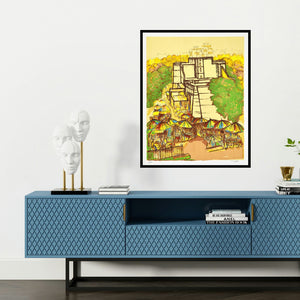 'Bhadra Darwaza (A Bustling Market)' painting by Vrindavan Solanki shown on a wall in a furnished room.