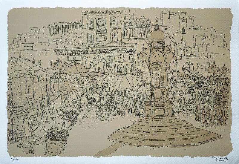 Cityscape serigraphs painting titled 'Bhadra Fort', 15x22 inches, by artist Vrindavan Solanki on Paper