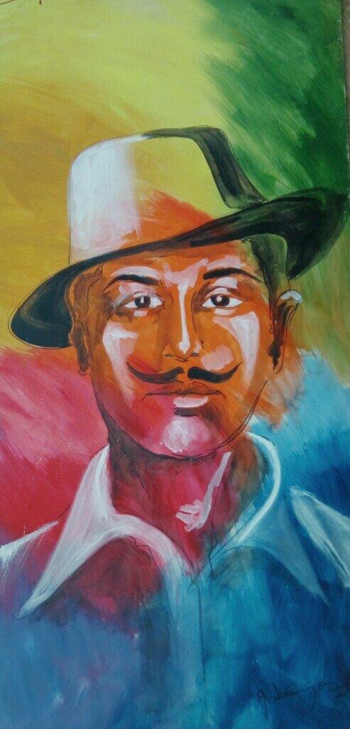 Figurative acrylic painting titled 'Bhagat singh', 48x36 inches, by artist Vignesh Kumar on CardBoard