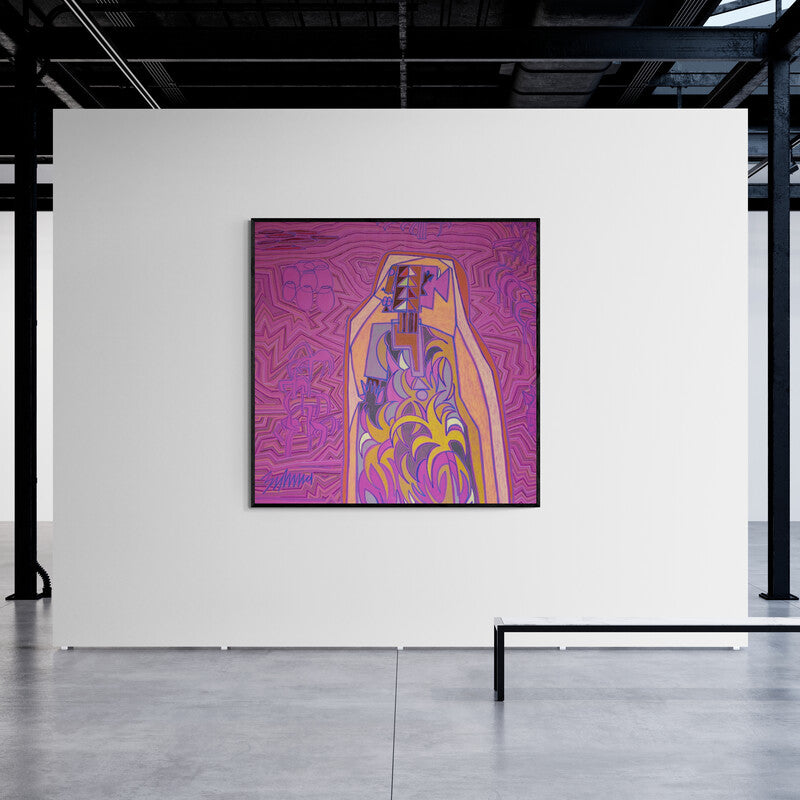 In-situ view of Anup Shrivastav's 'Bhagoriy Series 20 (Crimson Tapestry)' painting in a room