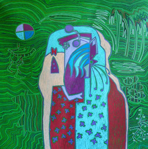 Bhagoriy Series 22 (Verdant Dreamscape) by Anup Shrivastav, Original Mixed Media Figurative Painting on Canvas, X-Large Vertical Wall Art