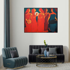Dipak Asole's 'Bhajan (A Harmony of Voices)' painting visualized above a sofa in a contemporary room.
