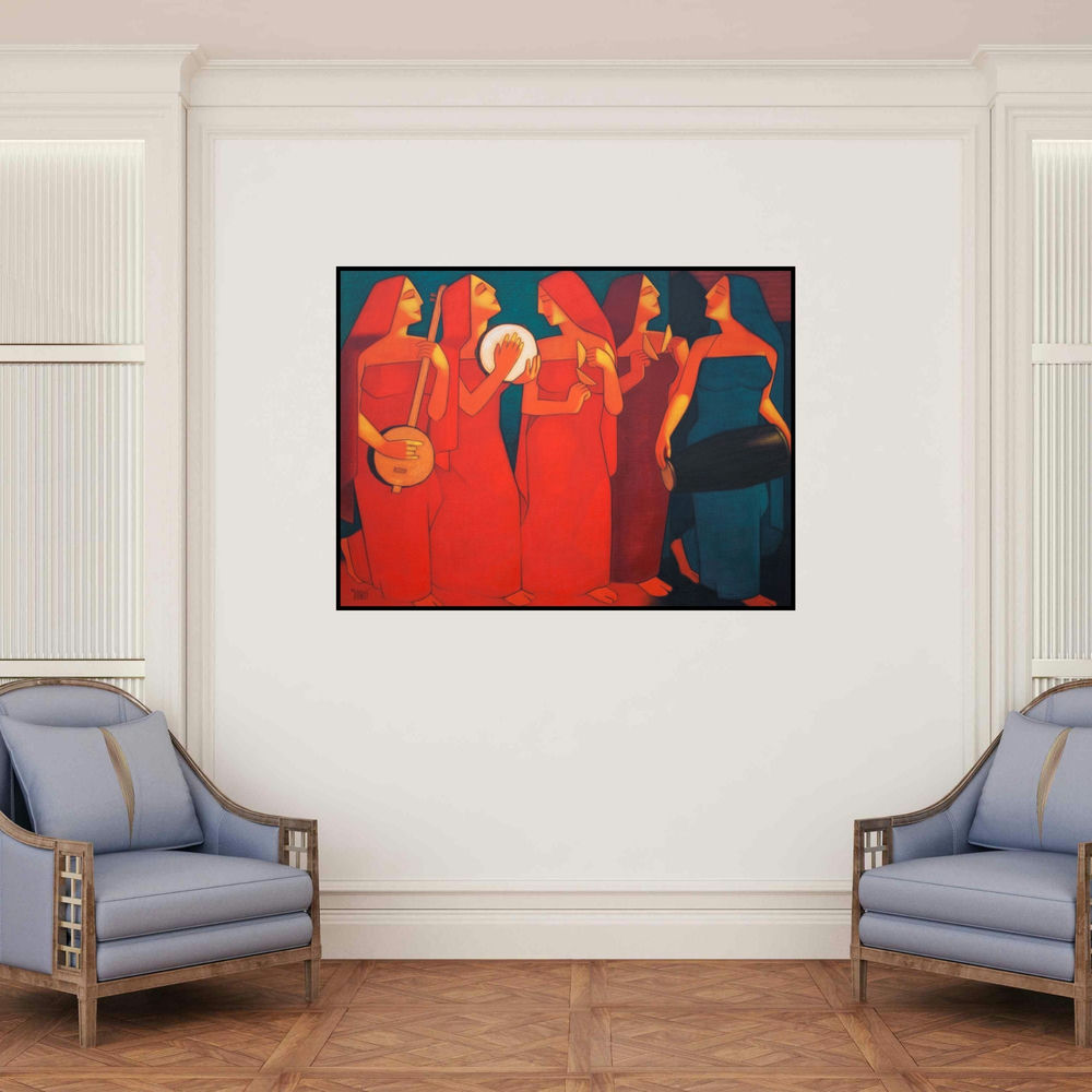 'Bhajan (A Harmony of Voices)' painting by Dipak Asole shown on a wall in a furnished room.