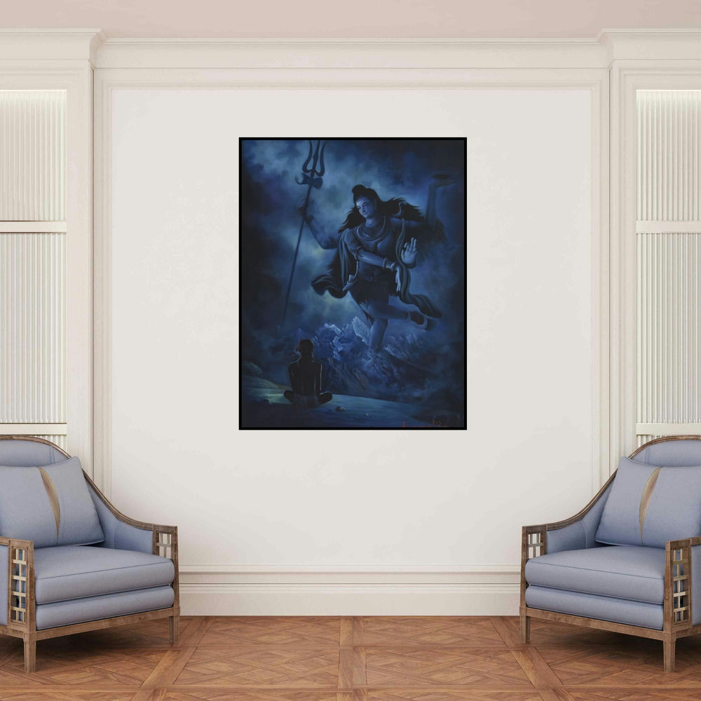 'Bhakti (Shiva's Cosmic Dance A Vision of Creation and Destruction)' painting by Kamal Rao shown on a wall in a furnished room.