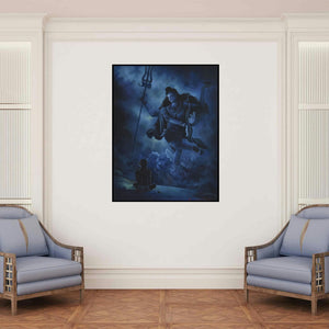 'Bhakti (Shiva's Cosmic Dance A Vision of Creation and Destruction)' painting by Kamal Rao shown on a wall in a furnished room.