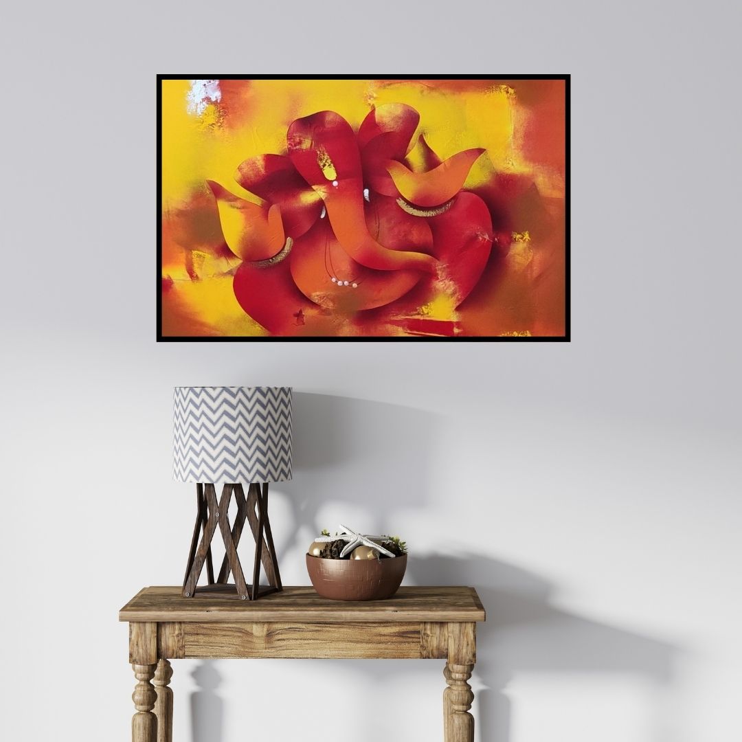 In-situ view of Paras Parmar's 'Bhalchandra (Ganesha in Red and Gold)' painting in a room