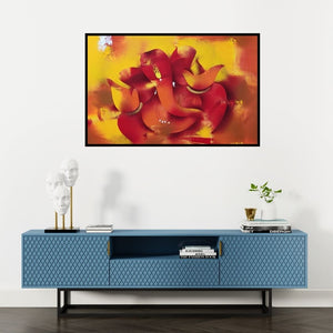 Preview of 'Bhalchandra (Ganesha in Red and Gold)' Painting by Paras Parmar shown on a wall in a furnished room.