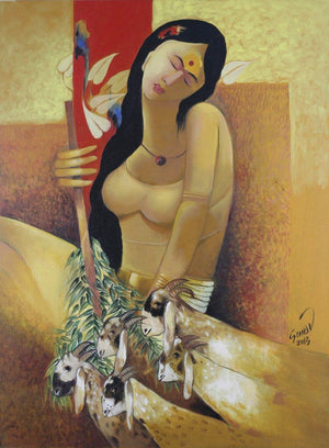 Bhandara (Pastoral Dreams) by Raosaheb Gurav, Original Oil Figurative Painting on Canvas, Medium Vertical Wall Art