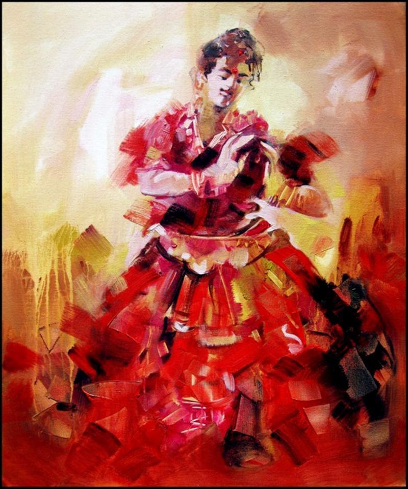 Figurative acrylic painting titled 'Bharatanatyam', 36x30 inches, by artist Kariyappa Hanchinamani on Canvas