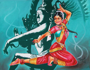 Bharatanatyam is a classical dance from (Indias Future) by RAGUNATH, Original Oil Expressionist Painting on Canvas, Small Horizontal Wall Art