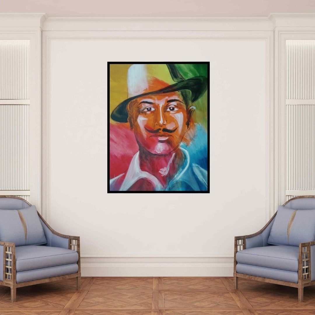 In-situ view of Vignesh Kumar's 'Bhagat Singh' painting in a room
