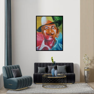 Preview of 'Bhagat Singh' Painting by Vignesh Kumar shown on a wall in a furnished room.
