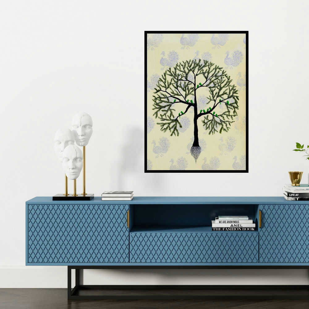 'Bhavnavya' painting by Sumit Mehndiratta shown on a wall in a furnished room.