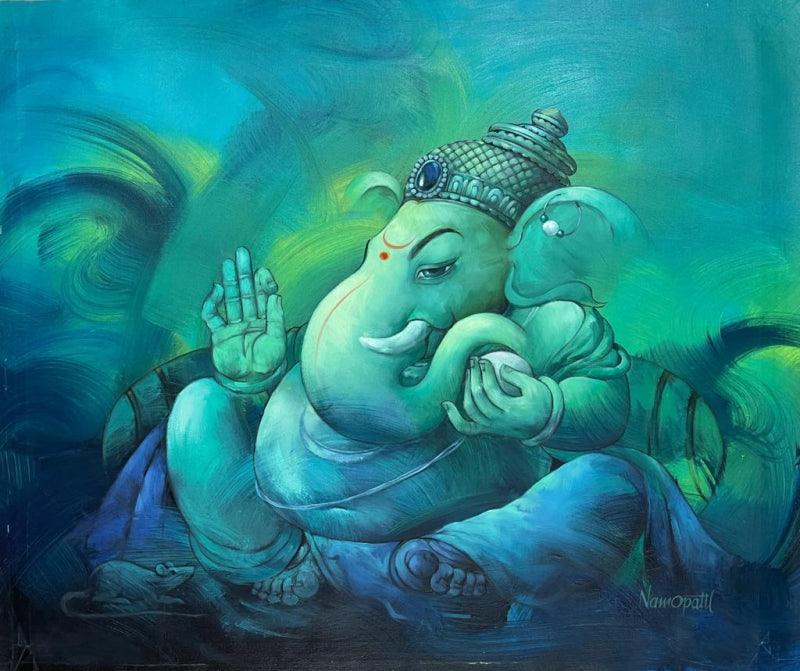 Religious oil painting titled 'Bheema', 36x44 inches, by artist Namdev M Patil on Canvas