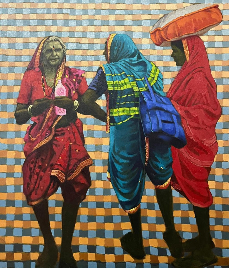'Bhet' figurative oil painting by artist Navnath Kshirsagar, 42x36 inch, on canvas