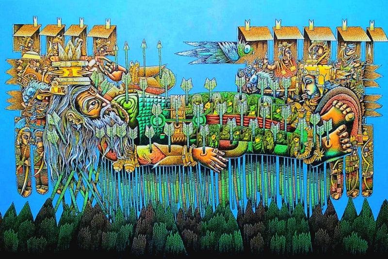 Religious acrylic painting titled 'Bhishma Updesh', 48x72 inches, by artist Jitendra Dangi on Canvas